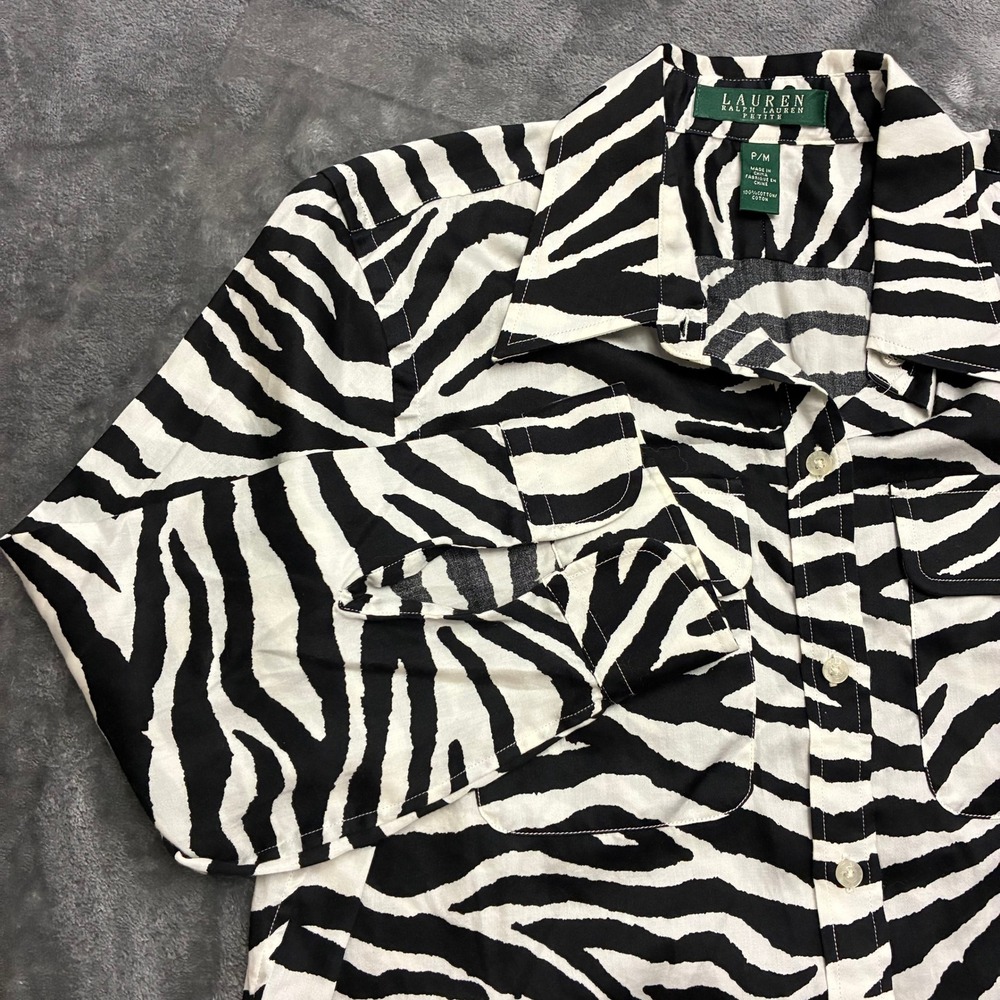 Lauren Ralph Lauren Womens Petite Medium Zebra Print Long Sleeve Button Down